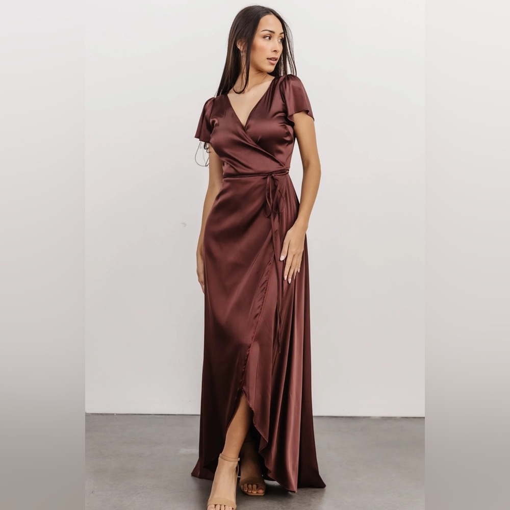 Baltic Born Krystal Satin Maxi Wrap Dress in Dark Clove Size XS
